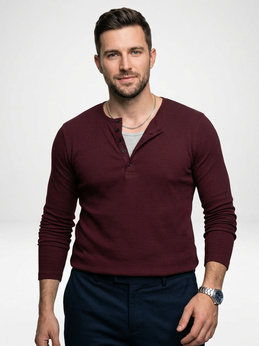Men’s Ribbed Long-Sleeve Henley Shirt with a Partial Button Placket