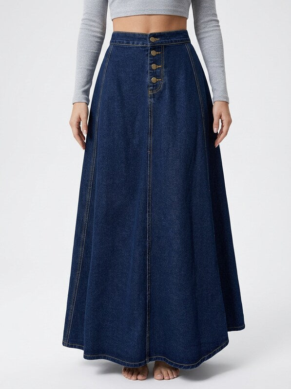 Women's High Waist Denim A Line Maxi Skirt with Front Button Closure