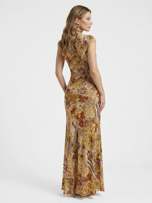 Abstract Floral Cut Out Split Thigh Mesh Maxi Dress
