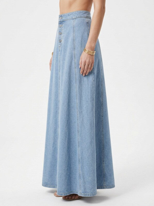 Women's High Waist Denim A Line Maxi Skirt with Front Button Closure