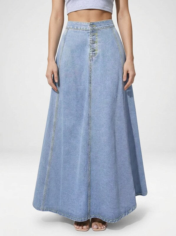 Women's High Waist Denim A Line Maxi Skirt with Front Button Closure