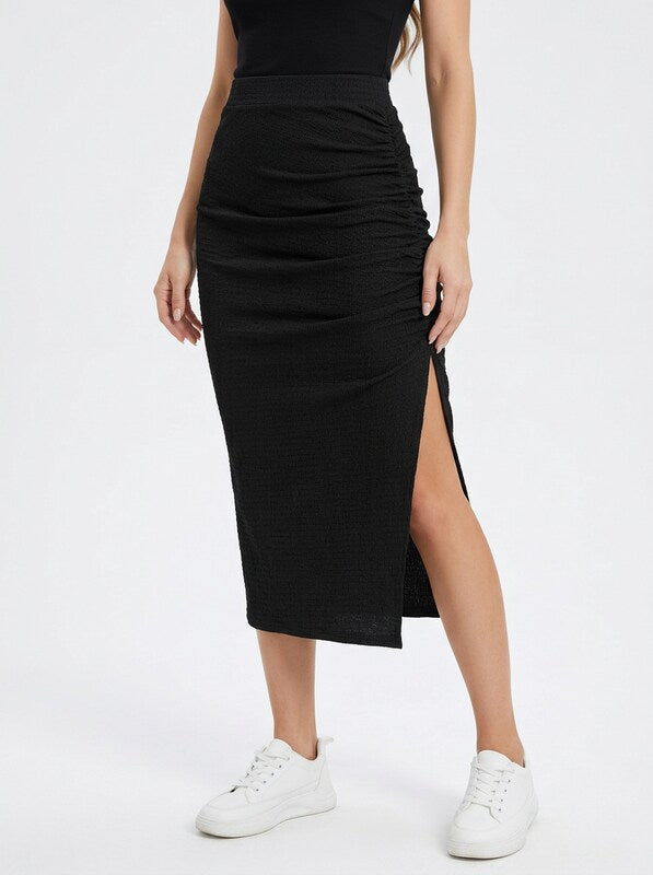 Women's High Waist Ruched Split Thigh Midi Skirt