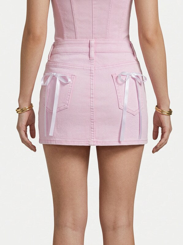 Bow Decor Denim Mini Skirt